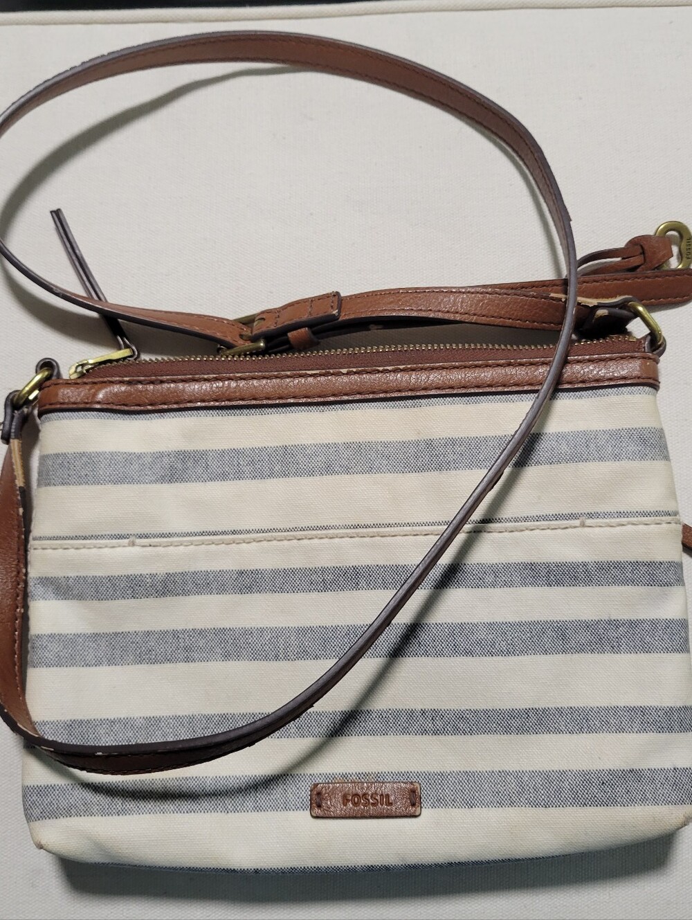 Fossil Fiona Cream and Blue Striped Canvas Crossbody Bag